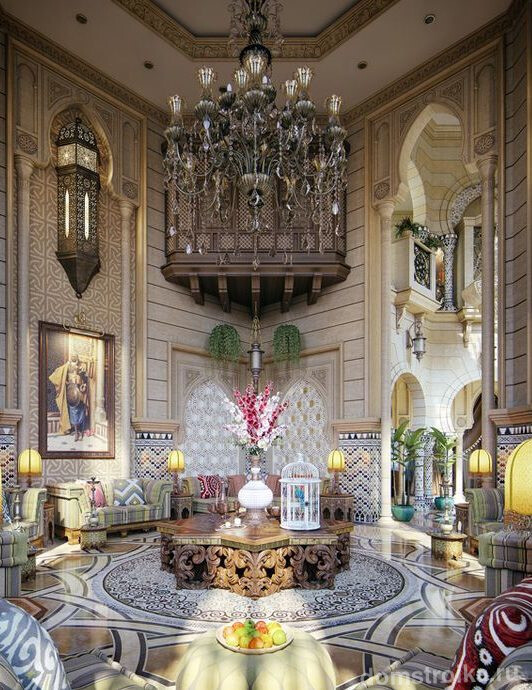 В марокканском стиле интерьер махараджей удивляет коваными и резными элементами, роскошными узорчатыми светильниками, расписанными стенами, яркими подушками и зелеными растениями в качестве декора