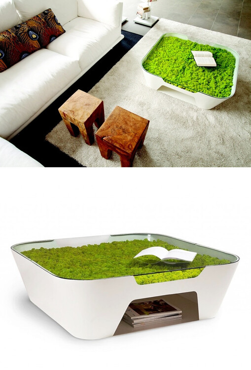 В духе эко-дизайна: белый столик плавных форм с мхом, растущим под стеклянной столешницей