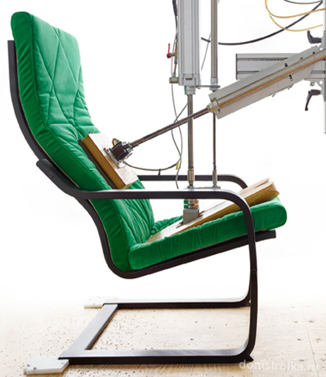 Испытательный пресс в магазине ИКЕА подтверждает прочность формы кресла