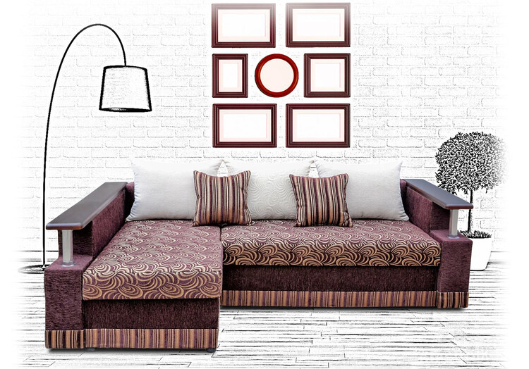 Интересная комбинированная обивка дивана создает теплую атмосферу в помещении