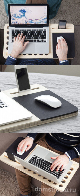 Столик для ноутбука с выделенным местом под мышку и смартфон. Специальные отверстия в столешнице обеспечивают работу кулера в ноутбуке