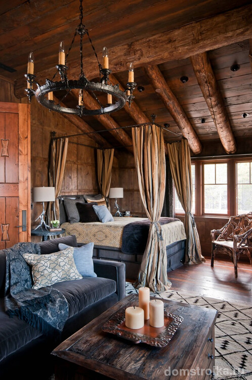 Кровать с балдахином в дизайне комнаты стиля рустика