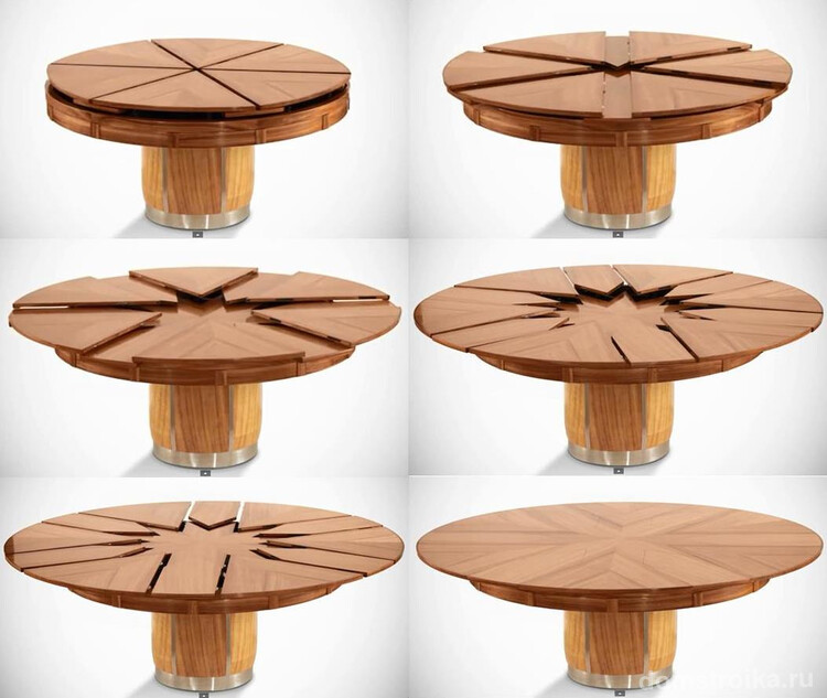 Обеденные столы. Круглый раздвижной стол при необходимости увеличивает площадь столешницы вдвое, с минимальным усилием и очень плавным ходом фурнитуры