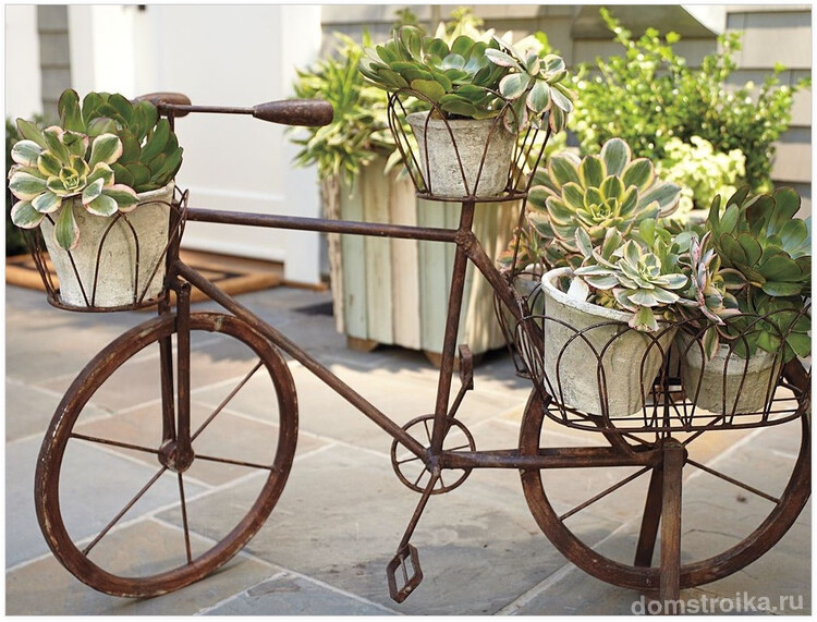 Старыми велосипедами стало популярным украшать садовые участки, ведь они очень подходят на роль подставки для горшков, кадок и вазонов
