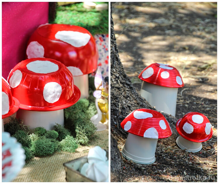 Шляпки декоративных грибов для сада можно делать из очень многих материалов и старых вещей: игрушек, посуды, одноразовой тары и прочего