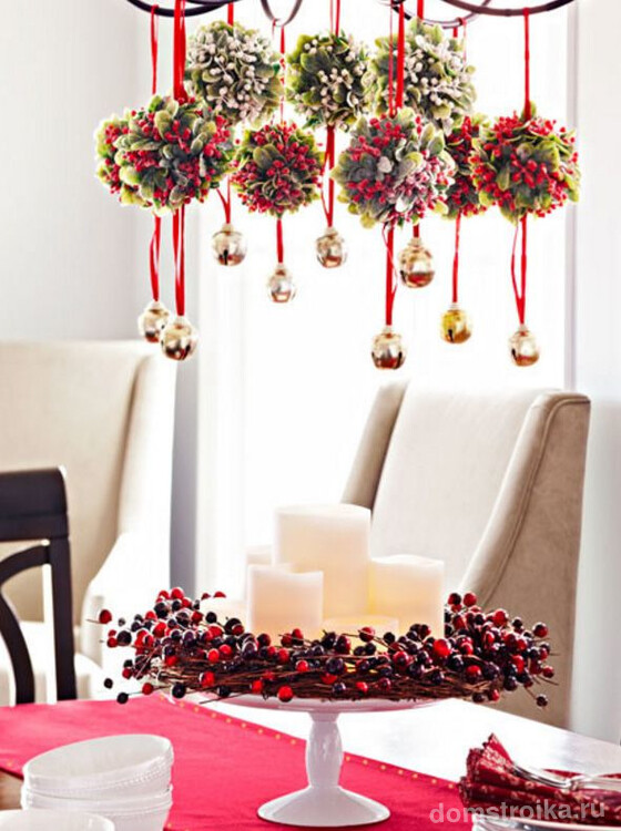 Декоративные шары ручной работы на светильнике разнообразят новогодний декор