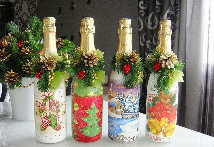 Декупаж бутылки - оригинальное и яркое решение для новогоднего стола