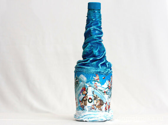 Пример декора бутылки с помощью ткани