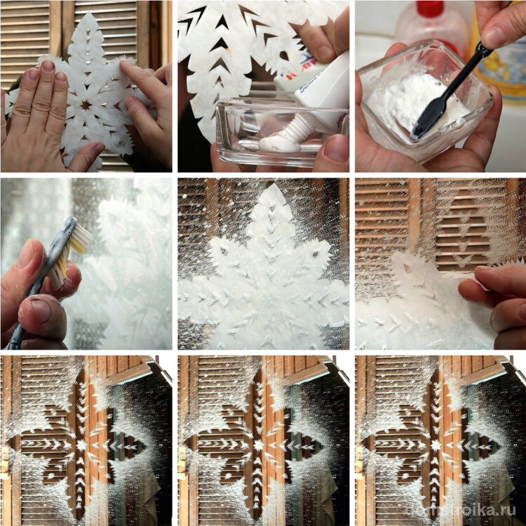 Наглядный пример создания снежинки с помощью шаблона и зубной пасты