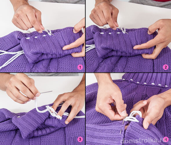 Сшиваем горловину и рукава при помощи ниток. Используйте вышивальную иголку и вязальные нити для большей прочности изделия