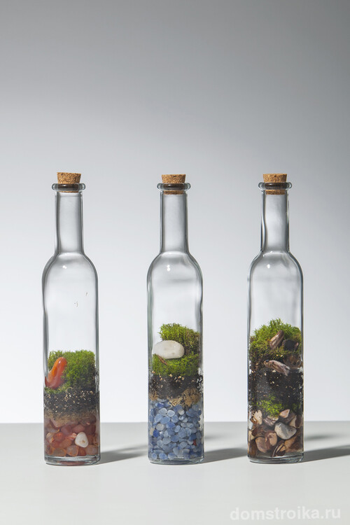 Флорариумы с композициями из мха в стеклянных бутылках