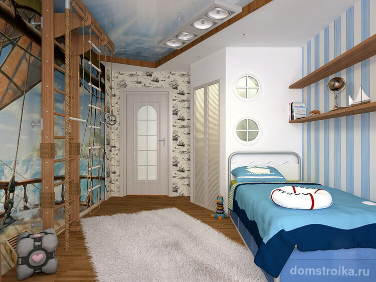 Дизайнерское оформление детской комнаты с интересной спортивной стенкой