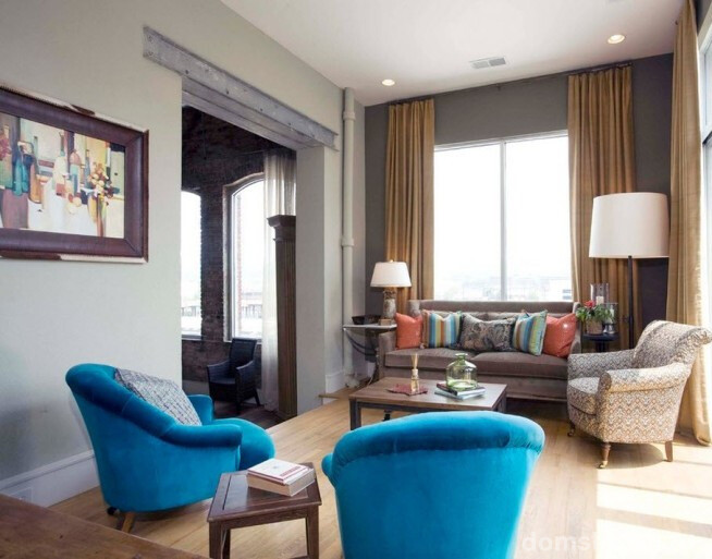 Синяя мебель отлично смотрится в интерьере, выполненном в серых тонах