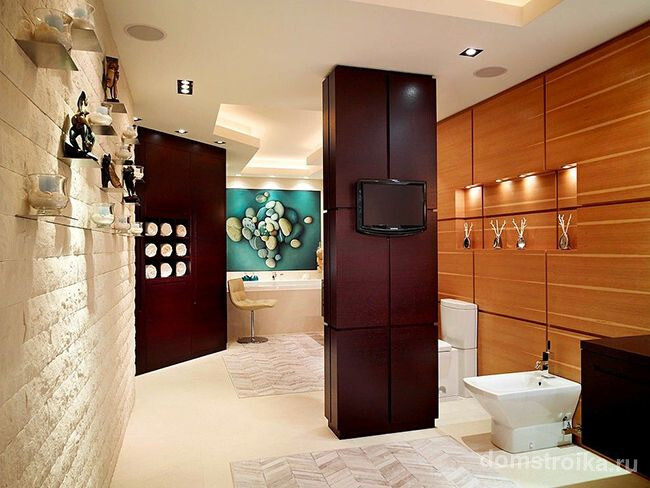 Чтобы ванная комната не казалась меньше, можно использовать лишь некоторые детали в цвете венге, например, тумбочки, шкафы, пеналы