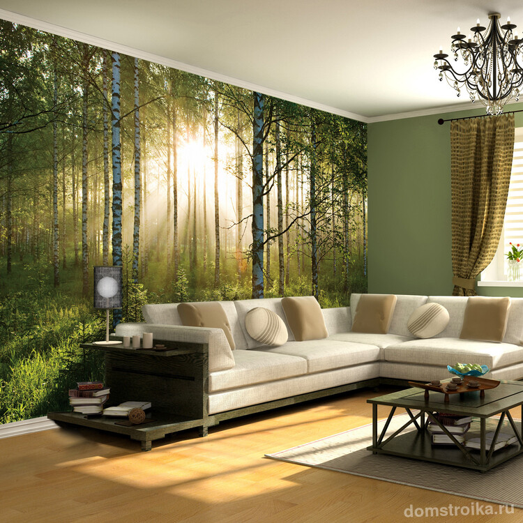 Необычайно реалистичные фотообои утреннего леса на всю стену в гостиной в светлых тонах