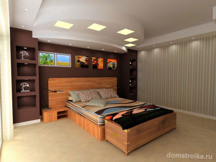 Многоуровневый потолок с разными светильниками - эффектное решение для спальни