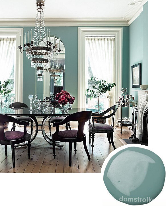 Грязно-голубая матовая краска - очень классический, элегантный вариант для гостиной и столовой