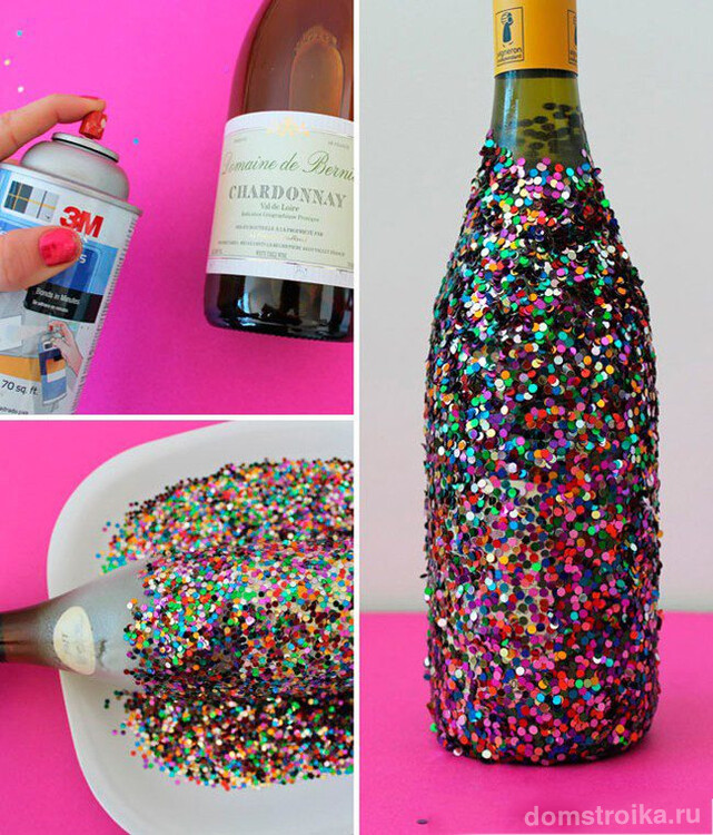 Красочная блестящая бутылка игристого с помощью разноцветных блесток