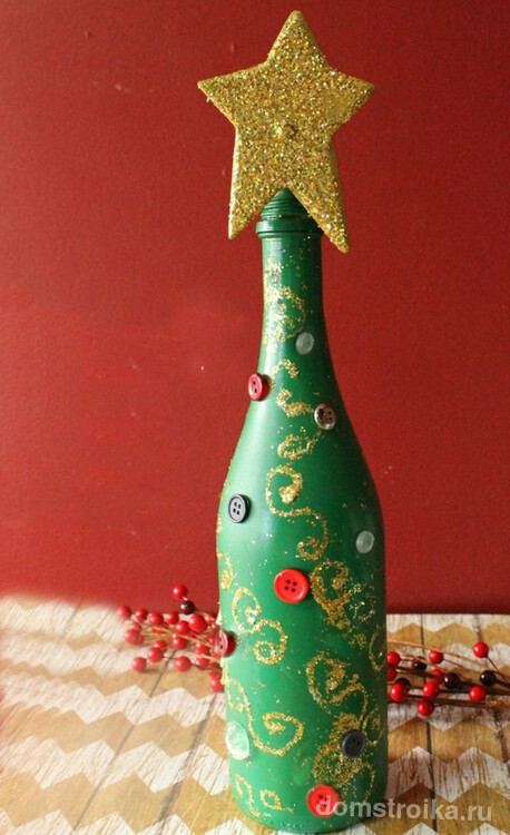 Нетрудный декор своими руками шампанского в виде новогодней ёлочки