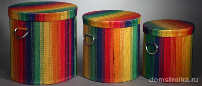 Набор радужных матерчатых корзин-коробов для белья с крышками и металлическими ручками