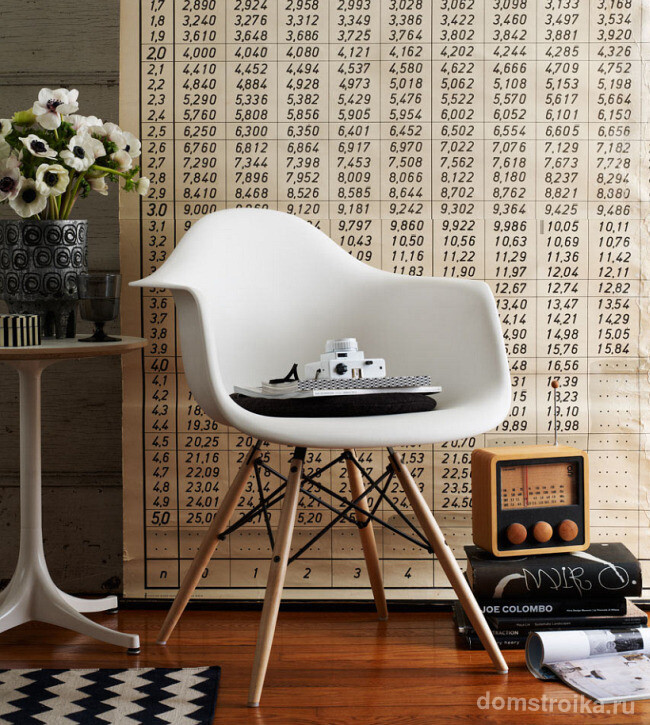 Черно-белый цветок анемона и легендарное кресло Имза (Eames plastic chair) - яркие, привлекающие внимание, штрихи в ретро-футуристичном интерьере